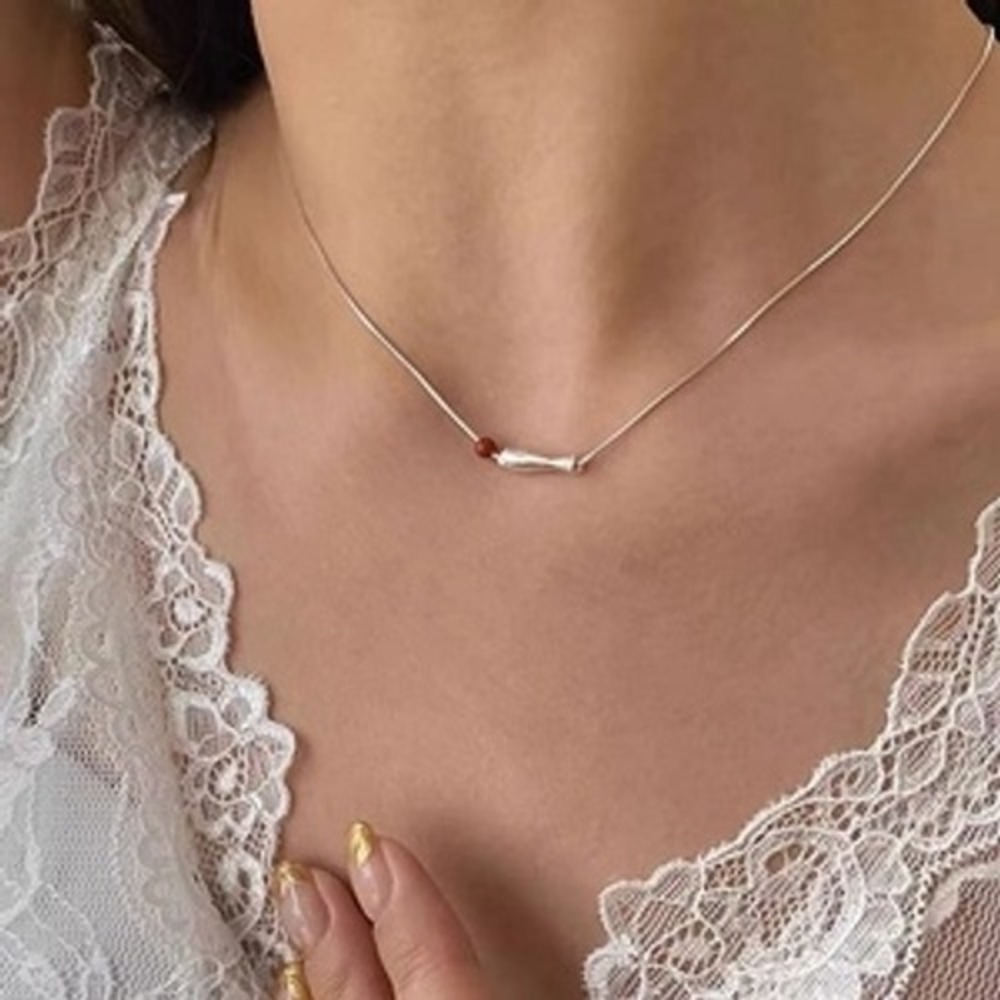 Minimalist Silver Snake‎ Chain Necklace with Tube Pendant and Bead Accent Womens